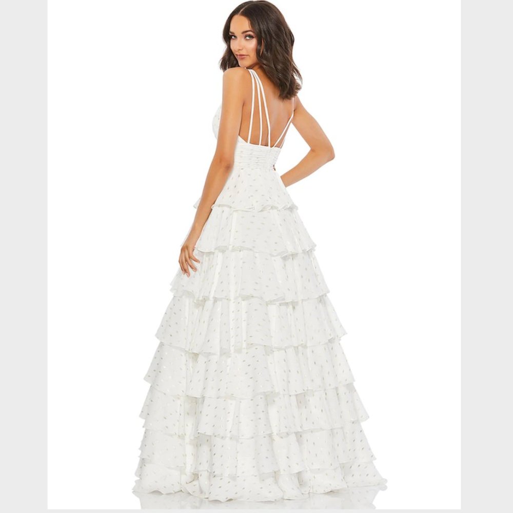 MAC DUGGAL RUFFLE TIERED PLUNGE A-LINE BALLGOWN - IVORY GOLD - Picture 2 of 3